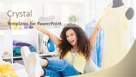  Presentation with sewing - Presentation design having excited-designer-sitting-with-raised background and a cream colored foreground