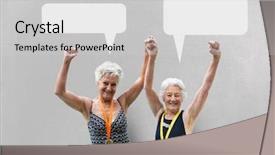  Presentation with digital art women - Cool new PPT theme with excited elder women with speech backdrop and a light gray colored foreground
