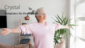  Presentation with pensioner - Presentation design with excited-elderly-mature-retired-woman background and a light gray colored foreground
