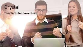  Presentation with employees - Audience pleasing theme consisting of excited employees receiving good news backdrop and a soft green colored foreground