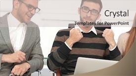  Presentation with news - Presentation theme featuring excited employees receiving good news background and a soft green colored foreground