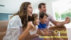  Presentation with living room family - PPT theme consisting of excited family playing video games together in living room at home background and a tawny brown colored foreground