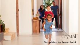  Presentation with children running - Presentation theme having excited-family-returning-home background and a lemonade colored foreground