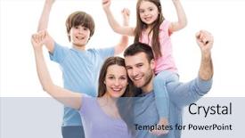  Presentation with family 3 - Slide deck featuring excited family with arms raised background and a  colored foreground