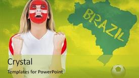  Presentation with brazil - Cool new PPT layouts with excited fan in swiss face paint cheering against football pitch with brazil outline and text backdrop and a yellow colored foreground