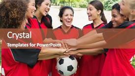  Presentation with female soccer - Beautiful PPT theme featuring excited female soccer team stacking backdrop and a red colored foreground