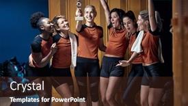  Presentation with victory sport - Cool new PPT theme with excited-female-team backdrop and a tawny brown colored foreground