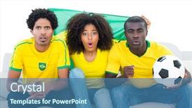  Presentation with brazil - Audience pleasing presentation consisting of excited football fans in yellow sitting on couch with brazil flag on white background backdrop and a ocean colored foreground