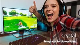  Presentation with selfie - Beautiful presentation featuring excited girl gamer sitting backdrop and a tawny brown colored foreground