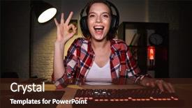  Presentation with cyber - Audience pleasing PPT theme consisting of excited girl gamer sitting backdrop and a tawny brown colored foreground