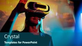  Presentation with testing - Beautiful presentation theme featuring excited-girl-in-virtual-reality backdrop and a ocean colored foreground