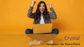  Presentation with winner - Beautiful slide set featuring excited-girl-making-winner-gesture backdrop and a gold colored foreground