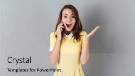  Presentation with good - Amazing PPT theme having excited girl receiving good news backdrop and a light gray colored foreground