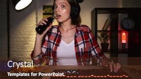  Presentation with computer games - Presentation consisting of excited girl wearing headset playing online games on computer eating snacks background and a tawny brown colored foreground