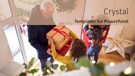  Presentation with grandparents day - Presentation theme featuring excited grandchildren greeting grandparents with presents visiting on christmas day background and a coral colored foreground