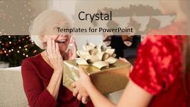  Presentation with gift - Beautiful slides featuring excited grandmother receiving christmas gift backdrop and a coral colored foreground