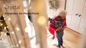  Presentation with grandparents day - Presentation theme featuring excited grandson greeting grandparents with presents visiting on christmas day background and a coral colored foreground