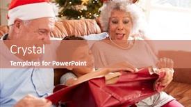  Presentation with grandparents day - Slide set with excited grandson sitting on sofa with grandparents opening presents on christmas day background and a coral colored foreground