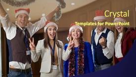  Presentation with year end - Amazing slide set having excited-group-of-coworkers-celebrating backdrop and a tawny brown colored foreground
