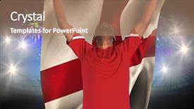  Presentation with england football - Presentation design consisting of excited handsome football fan cheering against fireworks exploding over football stadium and england flag background and a coral colored foreground