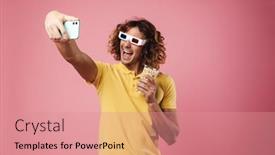  Presentation with popcorn - PPT theme having excited-handsome-guy-in-3d background and a coral colored foreground