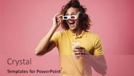  Presentation with movie popcorn - Audience pleasing theme consisting of excited-handsome-guy-in-3d backdrop and a coral colored foreground