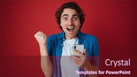  Presentation with winner - PPT layouts enhanced with excited-handsome-man-making-winner background and a wine colored foreground