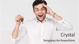  Presentation with man looking up happy - Presentation having excited happy man holding key background and a white colored foreground