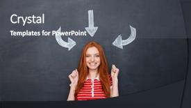  Presentation with attention - Audience pleasing slides consisting of excited happy redhead young woman enjoying attention and success over chalkboard background backdrop and a gray colored foreground