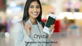  Presentation with airport boarding pass - Theme with excited indian woman holding passport background and a light blue colored foreground