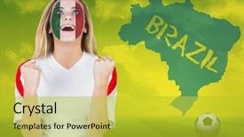  Presentation with brazil - Amazing PPT layouts having excited italy fan in face paint cheering against football pitch with brazil outline and text backdrop and a yellow colored foreground