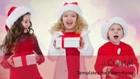  Presentation with christmas kids - Beautiful PPT theme featuring excited kids holding their gift boxes against christmas background backdrop and a red colored foreground