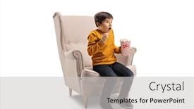  Presentation with popcorn - Cool new PPT theme with excited-little-boy backdrop and a light gray colored foreground