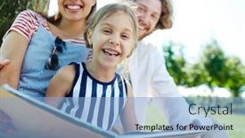  Presentation with parents - Slide set having excited little girl with book and her parents looking at camera while spending time in park background and a light blue colored foreground