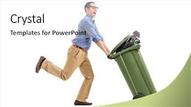  Presentation with garbage - Amazing PPT layouts having excited man pushing a garbage backdrop and a white colored foreground