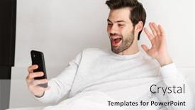  Presentation with mobile home - Theme having excited-man-waving-hand background and a white colored foreground