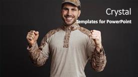  Presentation with masculine - Cool new slides with excited-masculine-military-man-smiling backdrop and a dark gray colored foreground