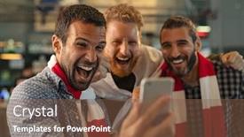  Presentation with online streaming - Amazing presentation theme having excited-men-watching-football backdrop and a tawny brown colored foreground