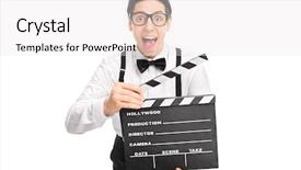 Presentation with director - Slides having excited movie director with glasses holding a movie clapperboard and looking at the camera isolated on white background background and a white colored foreground