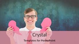  Presentation with broken heart - Presentation design consisting of excited nerd man holding pink broken heart against green background background and a coral colored foreground