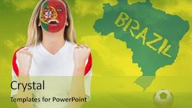  Presentation with brazil - Amazing PPT theme having excited portugal fan in face paint cheering against football pitch with brazil outline and text backdrop and a yellow colored foreground