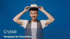  Presentation with birthday cake - PPT theme with excited-positive-bearded-man-wearing background and a ocean colored foreground