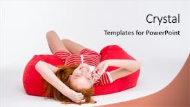  Presentation with bag - Presentation design with excited pretty young redhead woman background and a white colored foreground