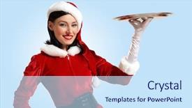  Presentation with product - Slide deck consisting of excited santa girl presenting your product lots of copy-space background and a sky blue colored foreground