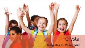  Presentation with school backpacks - Audience pleasing PPT theme consisting of excited school aged kids backdrop and a red colored foreground