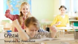  Presentation with school children - Presentation theme consisting of excited school children throwing paper background and a coral colored foreground