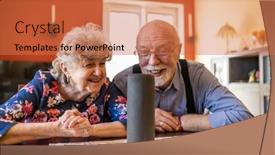  Presentation with virtual assistant - Theme having excited-senior-couple-using background and a coral colored foreground