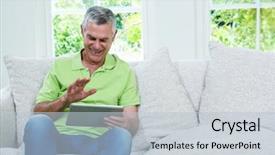  Presentation with using digital tablet - Presentation with excited senior man using digital background and a  colored foreground