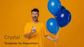  Presentation with balloons blue - Slides consisting of excited-smiling-bearded-man background and a gold colored foreground