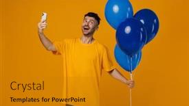  Presentation with balloons blue - Presentation design with excited-smiling-bearded-man background and a gold colored foreground